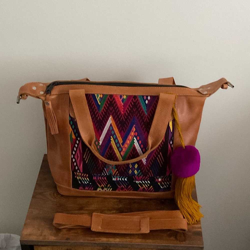 Multicolor Patterned Women's Leather Huipil  Bag